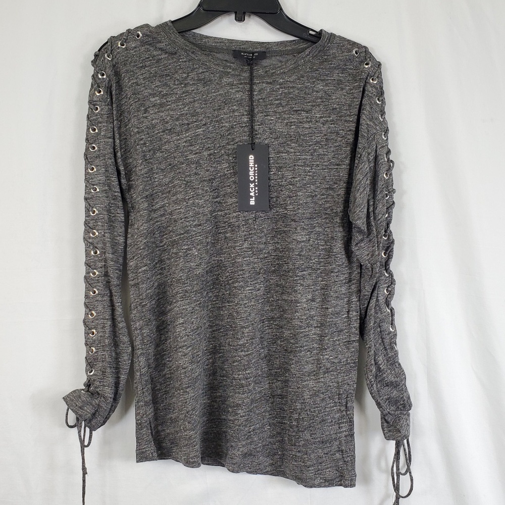 BLACK ORCHID Grey Long Sleeve Lace Down Shirt